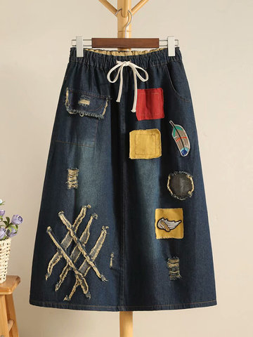 Denim Embroidery Patchwork Women Skirt-Newchic-