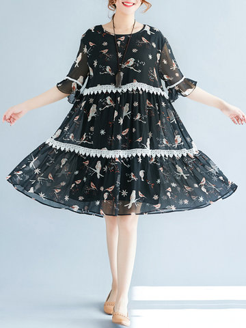 Elegant Printed Half Sleeve Chiffon Patchwork Women Dress-Newchic-