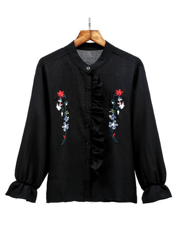 Elegant Women Embroidery Stand Collar Long Sleeve Shirts-Newchic-