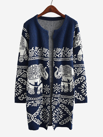 Elephant Printed Knitted Cardigans-Newchic-