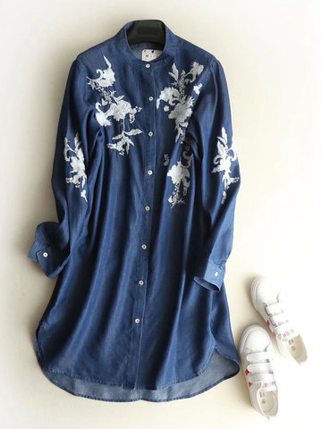 Embroidered Denim Shirt Dresses-Newchic-