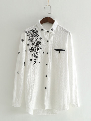 Embroidered Turn-down Collar Blouses-Newchic-