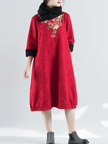Embroidery Loose Thick Midi Cotton Dresses-Newchic-