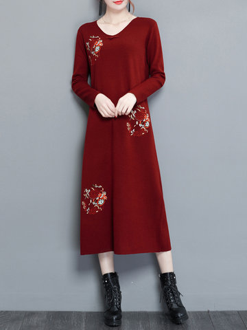 Embroidery V-neck Casual Dress-Newchic-