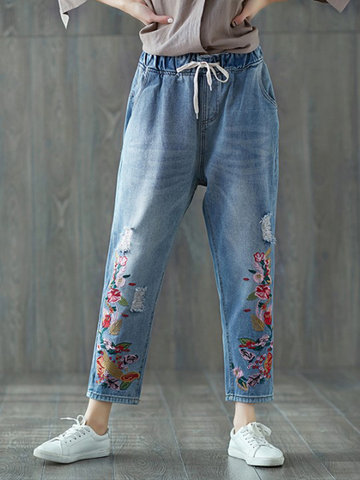 Embroidery Women Ripped Jeans-Newchic-