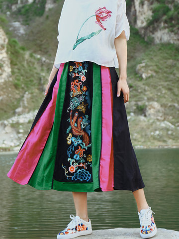Ethnic Embroidery Patchwork Women Skirts-Newchic-