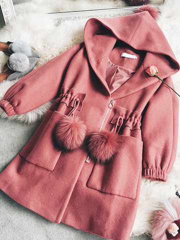 Fashion Wool Pure Color Fur Ball Hooded Coat-Newchic-