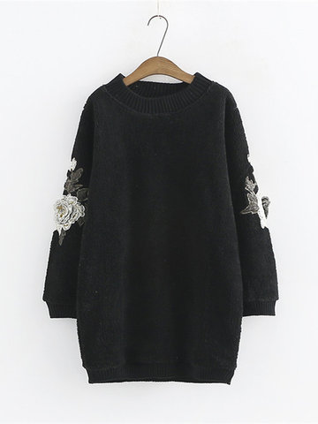 Floral Embroidery Fleece Loose Sweatshirt-Newchic-