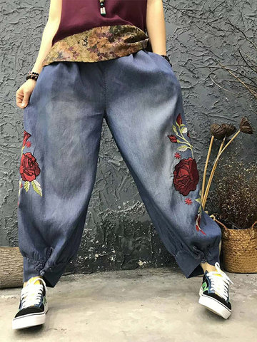Floral Embroidery Jeans For Women-Newchic-