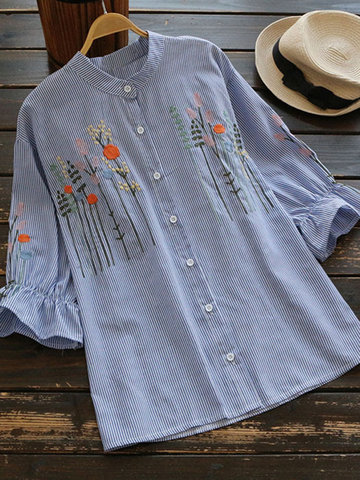 Floral Embroidery Stripe Women Blouses-Newchic-