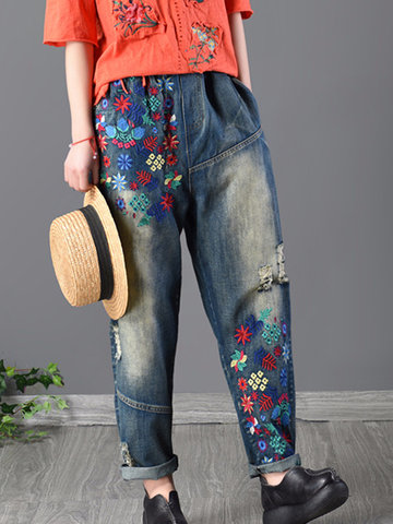 Floral Embroidery Women Jeans-Newchic-