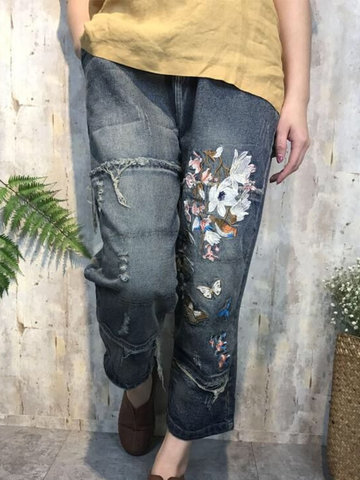 Floral Embroidery Women Ripped Denim-Newchic-