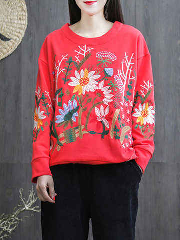 Floral Embroidery Women Sweatshirts-Newchic-