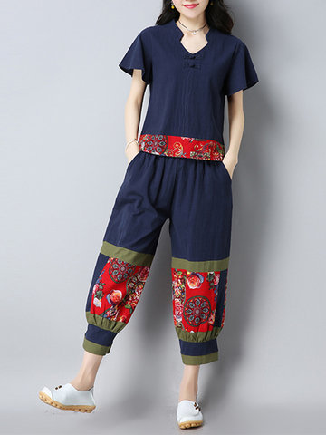 Floral Patchwork Short Sleeve T-shirt With Pants Women Suit-Newchic-