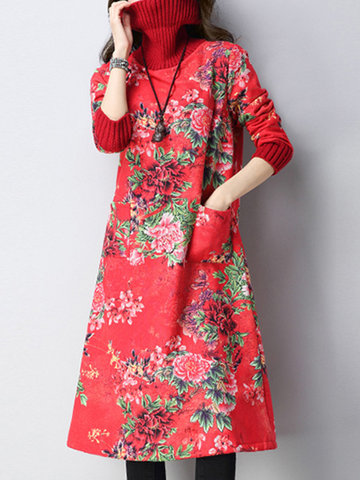 Floral Patchwork Turtleneck Women Dresses-Newchic-