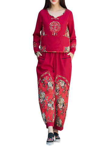 Floral Print Embroidery Women Pants-Newchic-
