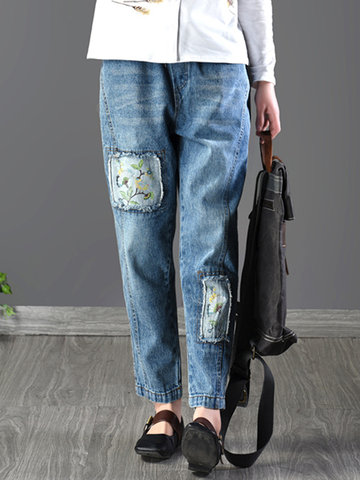 Floral Print Patchwork Women Jeans-Newchic-