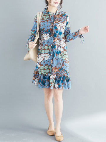 Floral Print Tie Women Dresses-Newchic-