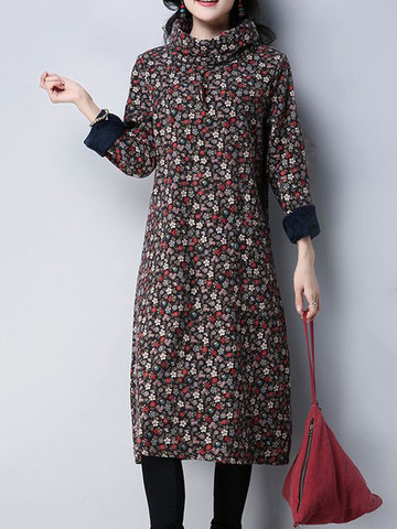 Floral Turtleneck Cotton Thicken Dress-Newchic-