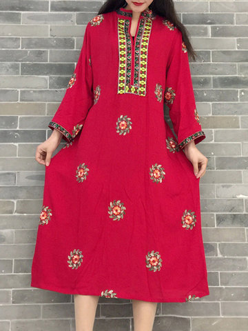 Folk Style Embroidery V-Neck Dress For Women-Newchic-