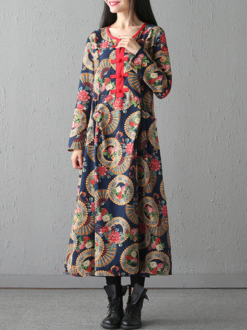 Folk Style Print Frog Button Women Dresses-Newchic-