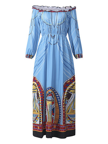 Folk Style Print Off-shoulder Long Sleeve Maxi Dress For Women-Newchic-
