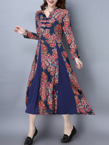 Folk Style Print Patchwork Women Dresses-Newchic-