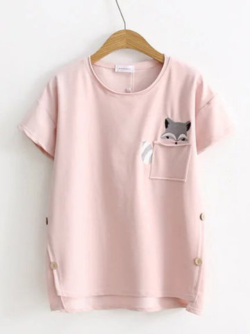 Fox Embroidery T-shirts For Women-Newchic-