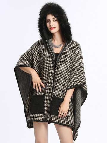 Houndstooth Faux Fur Women Cloak Coats-Newchic-