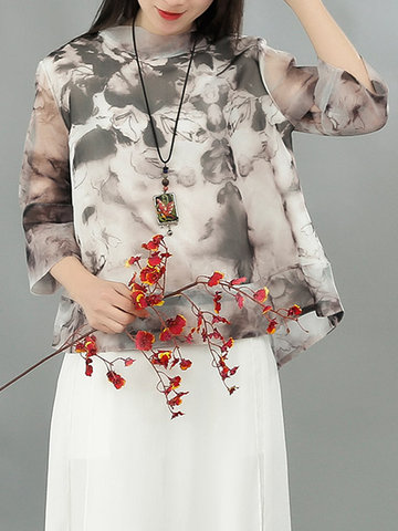 Ink Printed Stand Collar Blouses-Newchic-
