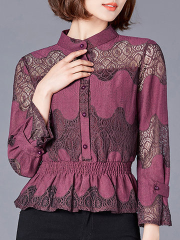 Lace Hollow Patchwork Women Blouses-Newchic-