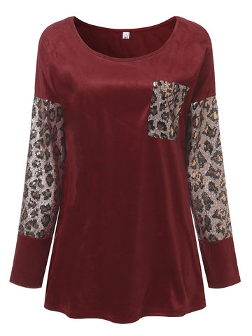 Leopard Print Sequins Patchwork Women T-shirts-Newchic-