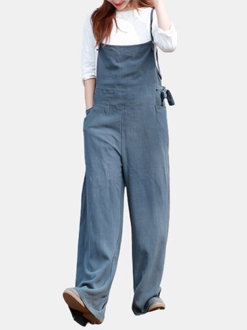 Loose Women Solid Strap Pockets Jumpsuits-Newchic-