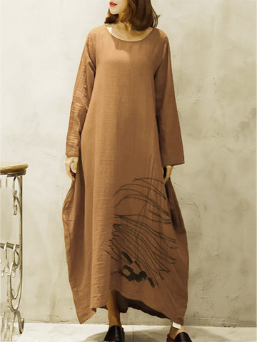 O-NEWE Vintage Printed Loose Women Maxi Dress-Newchic-
