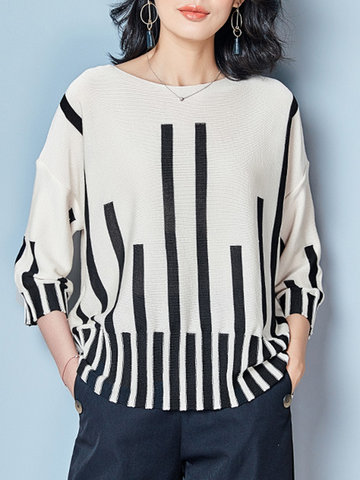 OUBOGJ Stripes Loose O-neck Knitted Sweater-Newchic-