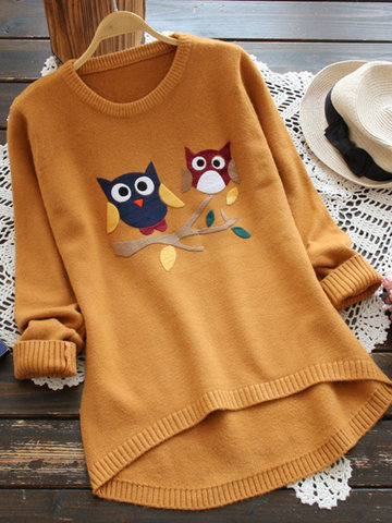 Owl Print Irregular Women Sweaters-Newchic-