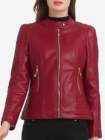 PU Leather Plaid Women Jackets-Newchic-
