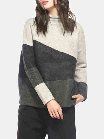 Patchwork Turtleneck Sweaters For Women-Newchic-