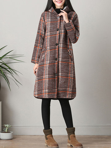 Plaid Hooded Pocket Thick Long Coat-Newchic-