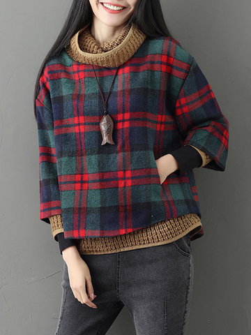 Plaid Knitting Fake Two Pieces Women Blouses-Newchic-