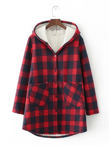 Plaid Long Sleeve Hooded Thick Coat-Newchic-