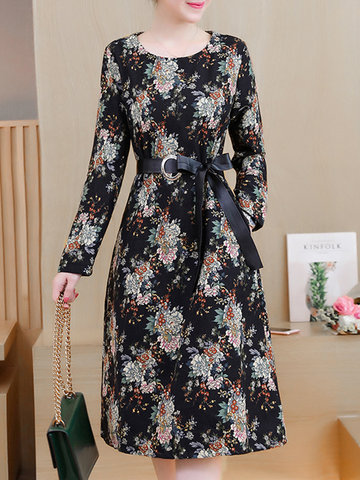 Printed Long Sleeve Thick Dress-Newchic-