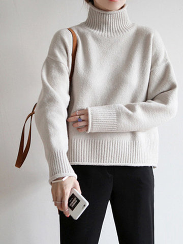 Pure Color Turtleneck Women Sweaters-Newchic-