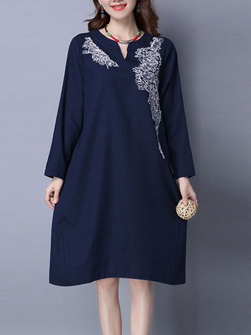 Retro Embroidery Long Sleeve V-Neck Vintage Women Dress-Newchic-