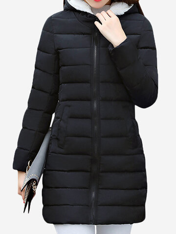 Solid Color Hooded Women Parkas-Newchic-