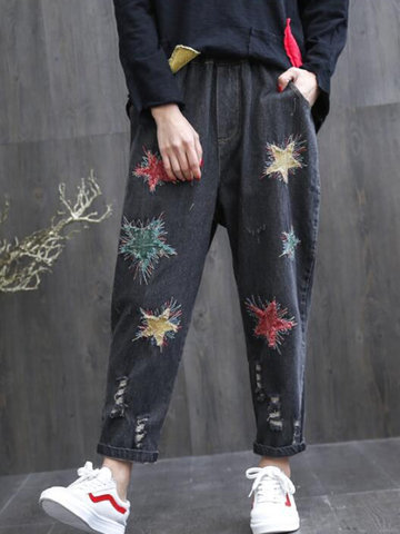 Stars Embroidery Women Ripped Jeans-Newchic-
