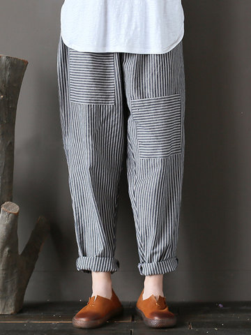 Stripe Elastic Waist Women Pants-Newchic-
