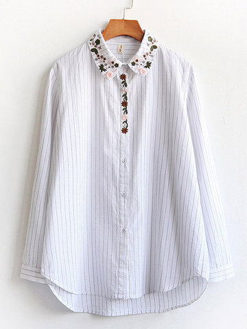 Stripe Floral Embroidery Women Blouses-Newchic-