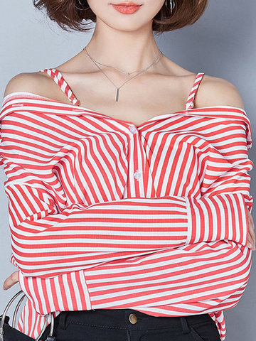 Stripe Off-shoulder Women Blouses-Newchic-