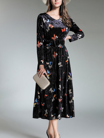 TangJie Elegant Printed Women Velvet Dresses-Newchic-